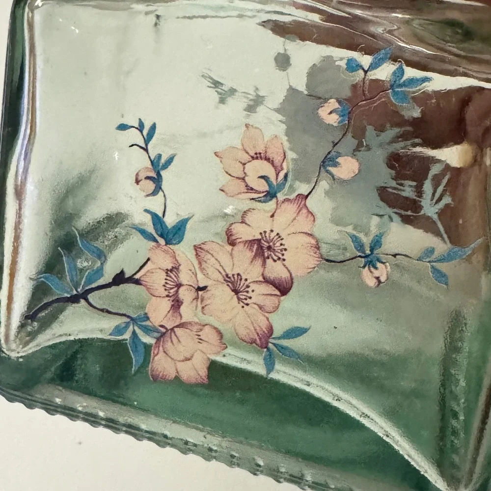 Vintage Green Glass Apothecary Jar w/Cork Lid Pink Cherry Blossom 4.5